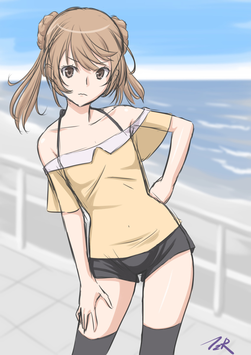 1girl alternate_costume bare_shoulders black_legwear black_shorts blouse blue_sky blurry brown_eyes clouds collarbone commentary_request day depth_of_field double_bun hand_on_hip highres horizon kantai_collection leaning_to_the_side light_brown_hair looking_at_viewer michishio_(kancolle) ocean off_shoulder outdoors short_shorts short_twintails shorts sketch sky solo t2r thigh-highs twintails yellow_blouse