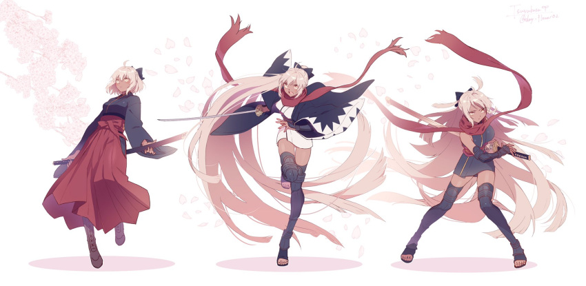 3girls ahoge bangs boots breasts cherry_blossoms dark_skin dark-skinned_female fate/grand_order fate_(series) haori highres holding holding_sword holding_weapon incoming_attack japanese_clothes katana kimono long_hair looking_at_viewer multiple_girls okita_souji_(alter)_(fate) okita_souji_(fate)_(all) petals red_scarf sandals scarf short_hair silver_hair simple_background sword tasuki tsuyukusa_(eeta7273) very_long_hair weapon white_background yellow_eyes