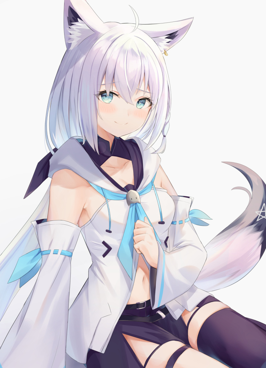 1girl animal_ear_fluff animal_ears bangs black_bow black_legwear black_shorts blue_neckwear blush bow braid breasts closed_mouth collarbone commentary_request detached_sleeves earrings eyebrows_visible_through_hair fox_ears fox_girl fox_tail green_eyes hair_between_eyes hair_bow highres hololive hood hood_down hoodie hoop_earrings jewelry long_hair looking_at_viewer low_ponytail navel neckerchief pentagram revision shirakami_fubuki short_shorts shorts sidelocks simple_background single_braid single_earring single_thighhigh sisoha sitting small_breasts smile solo tail thigh-highs thigh_strap virtual_youtuber white_background white_hair white_hoodie yokozuwari
