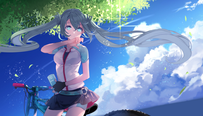 1girl absurdres bicycle black_gloves black_shirt black_skirt blue_eyes blue_sky breasts closed_mouth clouds collarbone commentary_request day fingerless_gloves floating_hair gloves grey_hair ground_vehicle hatsune_miku highres holding jacket leaves_in_wind long_hair outdoors shirt short_shorts short_sleeves shorts shorts_under_skirt single_glove skirt sky small_breasts smile solo twintails twitter_username very_long_hair vocaloid white_jacket yuuki_kira