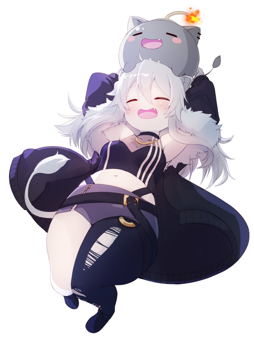 1girl absurdres ahoge animal_ears breasts closed_eyes fur_trim grey_hair hair_between_eyes highres hololive lion_ears lion_girl long_hair shishiro_botan smile ssrb virtual_youtuber