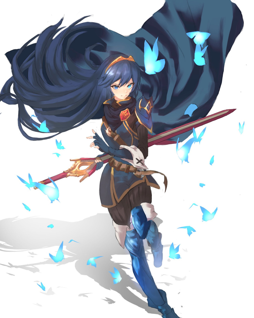 1girl armor artist_request blue_eyes blue_hair blush bug butterfly cape falchion_(fire_emblem) fingerless_gloves fire_emblem fire_emblem_awakening full_body gloves hair_between_eyes hair_ornament highres insect long_hair looking_at_viewer lucina_(fire_emblem) simple_background solo sword tiara weapon