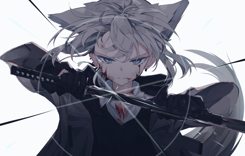 1girl animal_ears bangs black_gloves blood blood_on_face bloody_clothes blue_eyes closed_mouth disconnected_mouth earrings fox_ears fox_girl fox_tail gloves grey_hair hands_up highres holding holding_sword holding_weapon jewelry katana looking_at_viewer medium_hair nagishiro_mito original silver_hair simple_background solo sword tail upper_body weapon white_background