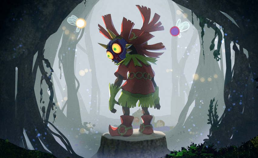 colored_sclera fairy fingerless_gloves forest gloves gonzarez green_eyes happy_mask_salesman hat highres majora_(entity) nature shoes skull_kid tael tatl the_legend_of_zelda the_legend_of_zelda:_majora's_mask unconscious yellow_sclera