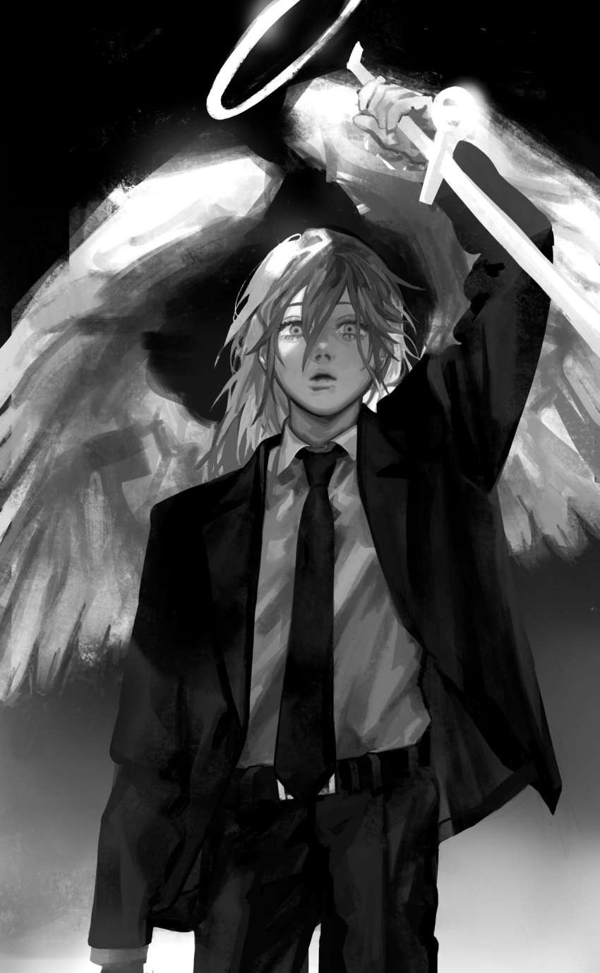 1boy androgynous angel angel_devil_(chainsaw_man) angel_wings arm_up bangs belt black_background chainsaw_man collared_shirt cowboy_shot dress_shirt formal gradient gradient_background greyscale hair_between_eyes halo highres holding holding_weapon long_hair long_sleeves looking_at_viewer male_focus monochrome necktie parted_lips reverse_grip seki_(fyfyfy) shirt shirt_tucked_in simple_background solo standing suit sword weapon wings