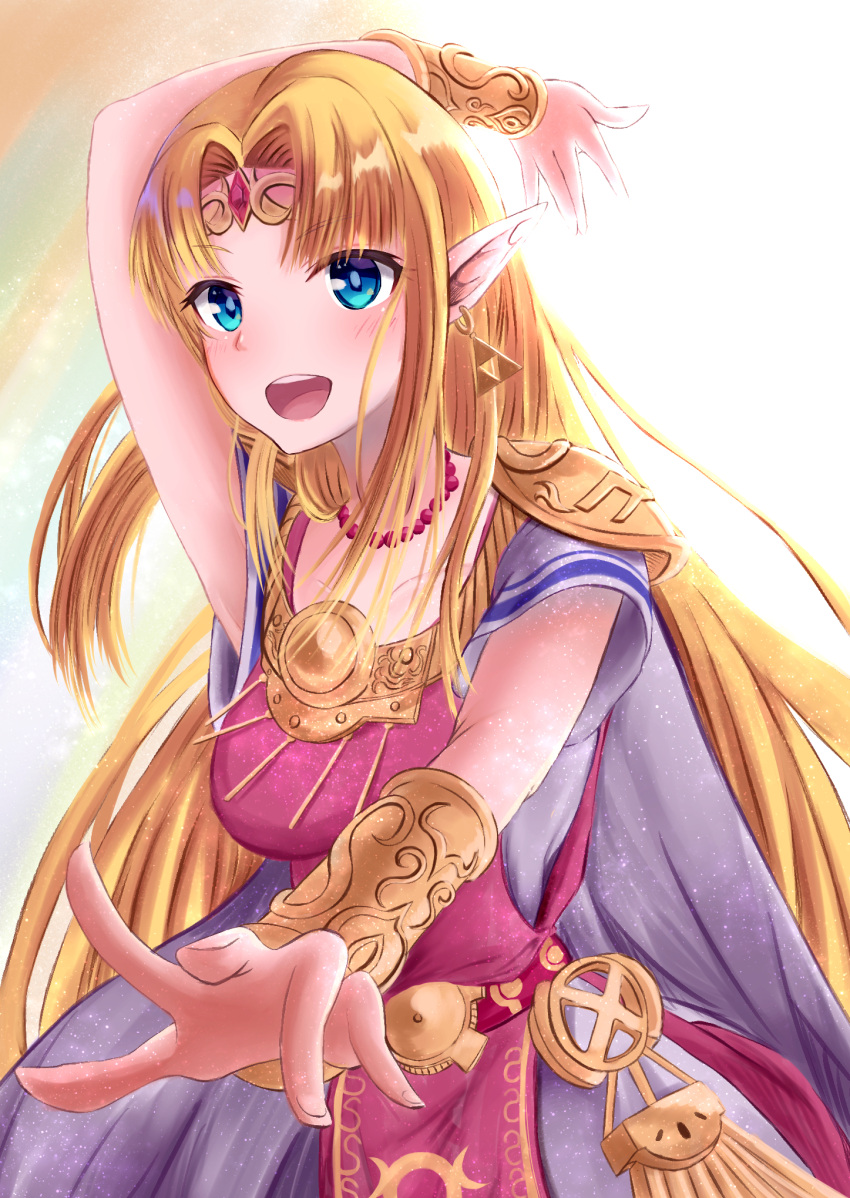 1girl armpits blonde_hair blue_eyes blush breasts dress earrings highres jewelry koucha_miruku long_hair looking_at_viewer open_mouth pointy_ears princess_zelda smile solo super_smash_bros. the_legend_of_zelda tiara triforce