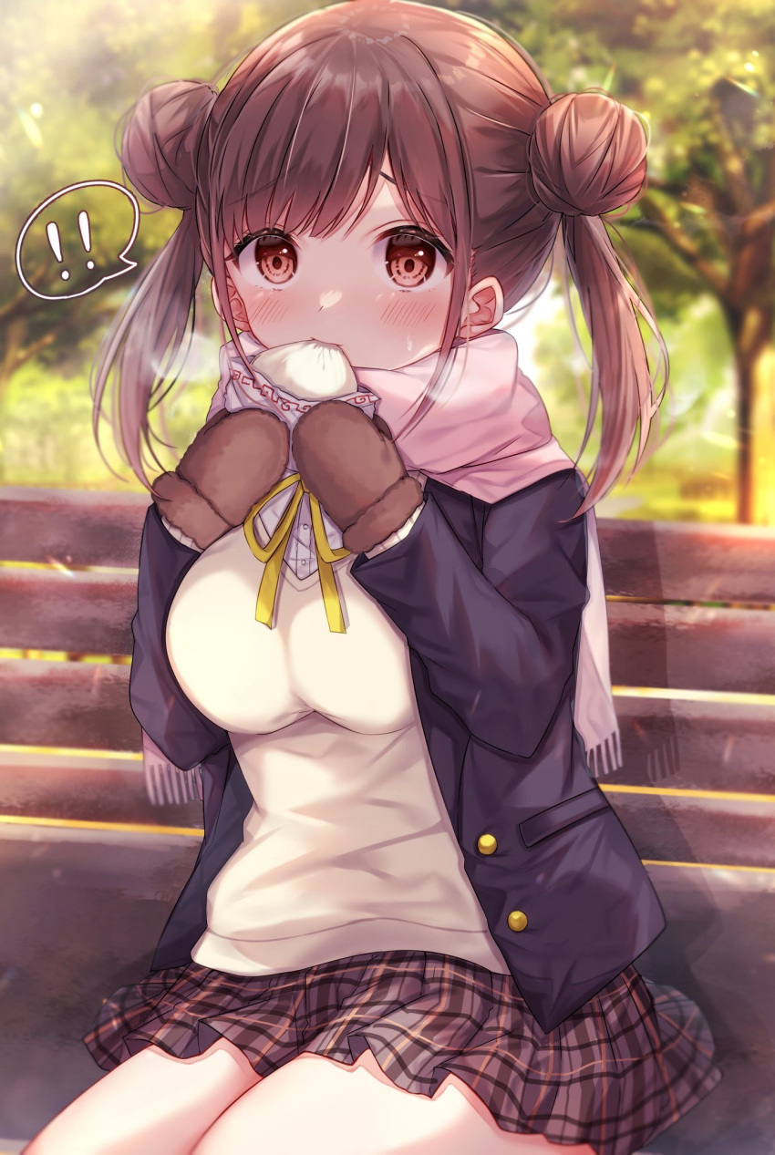 ! 1girl bangs baozi beige_cardigan bench black_jacket black_skirt blush breath brown_eyes brown_hair brown_mittens cardigan commentary_request day double_bun eating eyebrows_visible_through_hair food hair_bun highres holding holding_food idolmaster idolmaster_shiny_colors jacket long_sleeves looking_at_viewer mittens outdoors park_bench pink_scarf plaid plaid_skirt pleated_skirt scarf shirt short_twintails sitting skirt solo sonoda_chiyoko sorashima_(117) spoken_exclamation_mark tree twintails white_shirt
