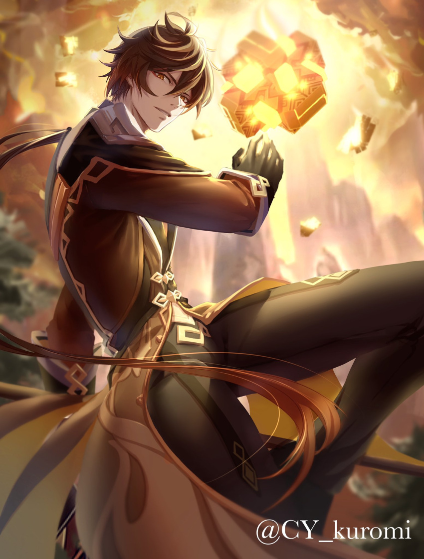 1boy bangs black_gloves blurry blurry_background brown_hair clouds cloudy_sky collared_shirt cykuromi english_commentary eyeliner eyeshadow formal genshin_impact gloves gradient_hair hair_between_eyes highres holding holding_spear holding_weapon jacket long_hair long_sleeves looking_at_viewer makeup male_focus meteor mountain multicolored_hair necktie open_mouth orange_hair outdoors polearm ponytail red_eyeshadow revision shirt sky solo spear suit symbol_commentary twitter_username weapon yellow_eyes zhongli_(genshin_impact)