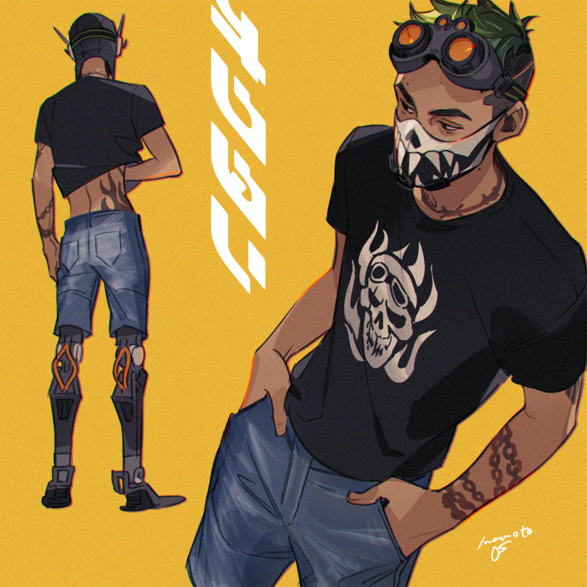 1boy apex_legends arm_tattoo black_shirt brown_eyes denim denim_shorts goggles goggles_on_head green_hair hands_in_pockets highres iwamoto_zerogo looking_down male_focus mask mechanical_legs mouth_mask multiple_views neck_tattoo octane_(apex_legends) science_fiction shirt shorts tattoo undercut yellow_background