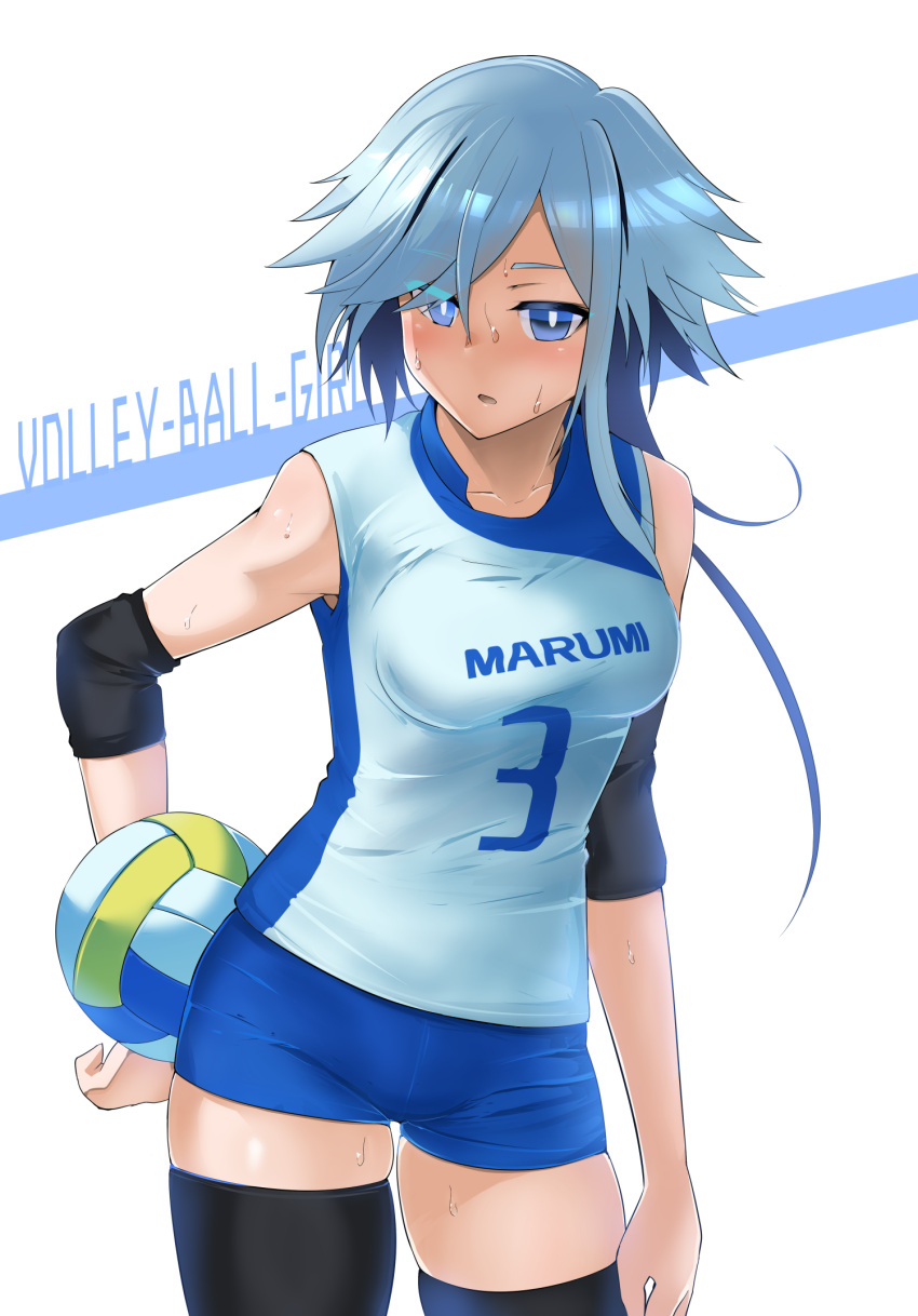 1girl ball blue_eyes blue_shorts bright_pupils character_name commentary_request cowboy_shot elbow_pads english_text grey_hair highres holding holding_ball long_hair marumi_(shiro_maru) open_mouth original parted_lips shiro_maru shirt short_shorts shorts simple_background skindentation sleeveless sleeveless_shirt solo sportswear standing sweat thigh-highs volleyball volleyball_uniform white_background white_pupils white_shirt