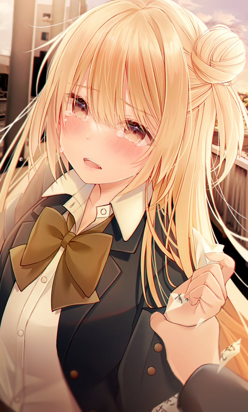 1girl absurdres black_jacket blazer blonde_hair blush bow bowtie brown_neckwear building clenched_hand clouds collared_shirt crying crying_with_eyes_open highres holding huge_filesize jacket kuro_namako long_hair long_sleeves open_mouth original outdoors school_uniform shirt sky solo tears white_shirt yellow_eyes