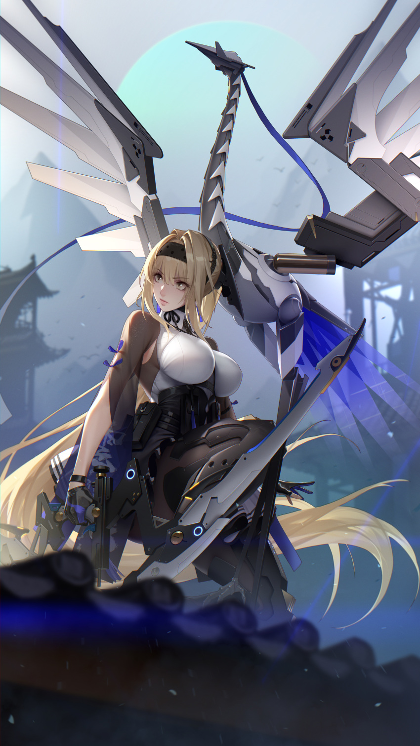 1girl absurdres architecture bangs bianca_(punishing_grey_raven) black_gloves black_legwear blonde_hair blurry blurry_background blurry_foreground breasts brown_eyes building daye_bie_qia_lian east_asian_architecture eyebrows_visible_through_hair gloves hair_between_eyes headgear highres holding holding_weapon huge_filesize large_breasts long_hair looking_to_the_side pantyhose punishing:_gray_raven robot see-through solo very_long_hair weapon