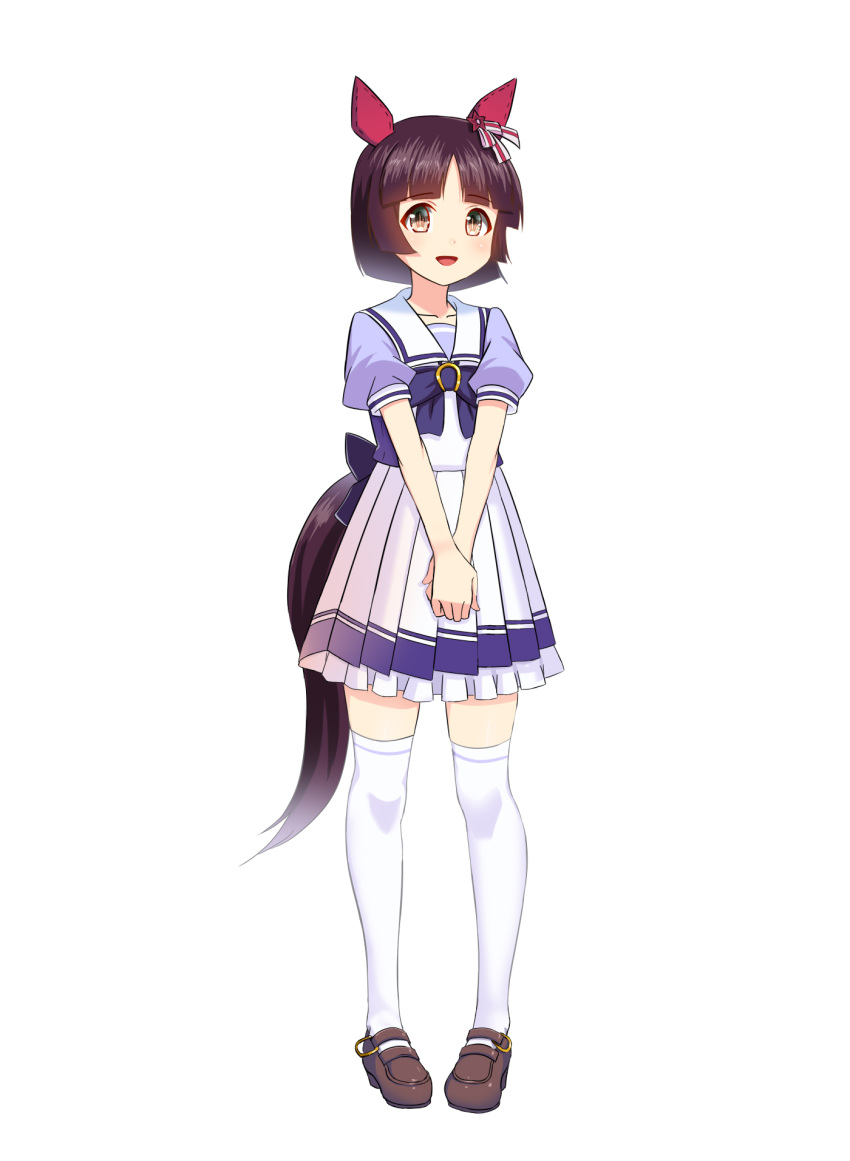 1girl :d animal_ears bangs blue_bow blue_shirt bow brown_eyes brown_footwear brown_hair commentary_request eyebrows_visible_through_hair frilled_skirt frills full_body highres horse_ears horse_girl horse_tail loafers looking_at_viewer nishino_flower_(umamusume) open_mouth pleated_skirt puffy_short_sleeves puffy_sleeves shirt shoes short_hair short_sleeves simple_background skirt smile solo standing tail taka_(takahirokun) thigh-highs umamusume white_background white_legwear white_skirt