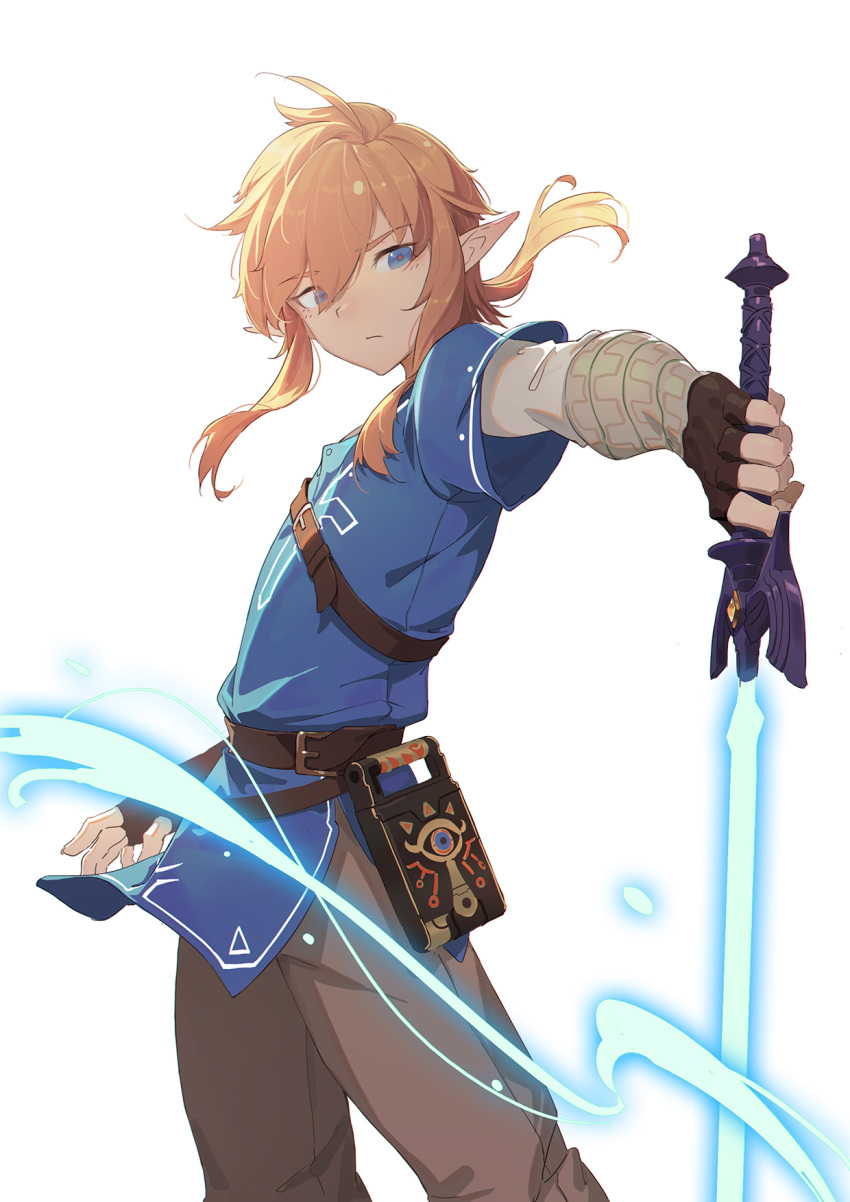 1boy belt belt_buckle blonde_hair blue_eyes blue_tunic brown_gloves brown_pants buckle closed_mouth expressionless eyebrows_visible_through_hair fingerless_gloves gloves glowing glowing_weapon highres holding holding_sword holding_weapon huang_(volt0526) left-handed link master_sword pants pointy_ears sheikah_slate short_hair sidelocks simple_background solo sword the_legend_of_zelda the_legend_of_zelda:_breath_of_the_wild tunic weapon white_background