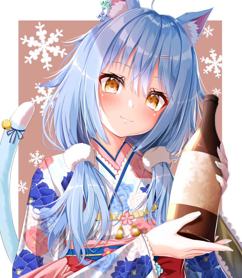 1girl :3 ahoge alcohol animal_ears bangs bell blue_hair blue_nails blush bottle brown_background cat_ears cat_girl cat_tail closed_mouth commentary_request eyebrows_visible_through_hair floral_print hair_between_eyes hair_ornament hair_over_shoulder hairclip head_tilt highres holding holding_bottle hololive japanese_clothes jewelry jingle_bell kemonomimi_mode kimono long_hair long_sleeves looking_at_viewer nail_art nail_polish obi print_kimono sash shiny shiny_hair sidelocks single_earring smile snowflake_background snowflake_print snowflakes solo tail tail_bell tail_ornament tassel upper_body virtual_youtuber wide_sleeves yakatora yellow_eyes yukata yukihana_lamy