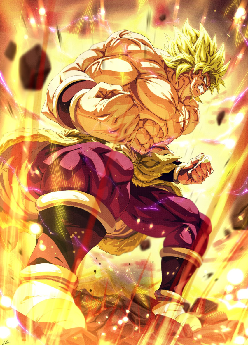 1boy abs aura blank_eyes blonde_hair boots bracer broly_(dragon_ball_super) clenched_hands clenched_teeth commentary_request debris dragon_ball dragon_ball_super full_body highres large_pectorals male_focus motion_blur muscular muscular_male pants pectorals pelt purple_pants scar scar_on_chest sekitsuki_hayato shirtless signature skin_tight solo spiky_hair super_saiyan teeth veins