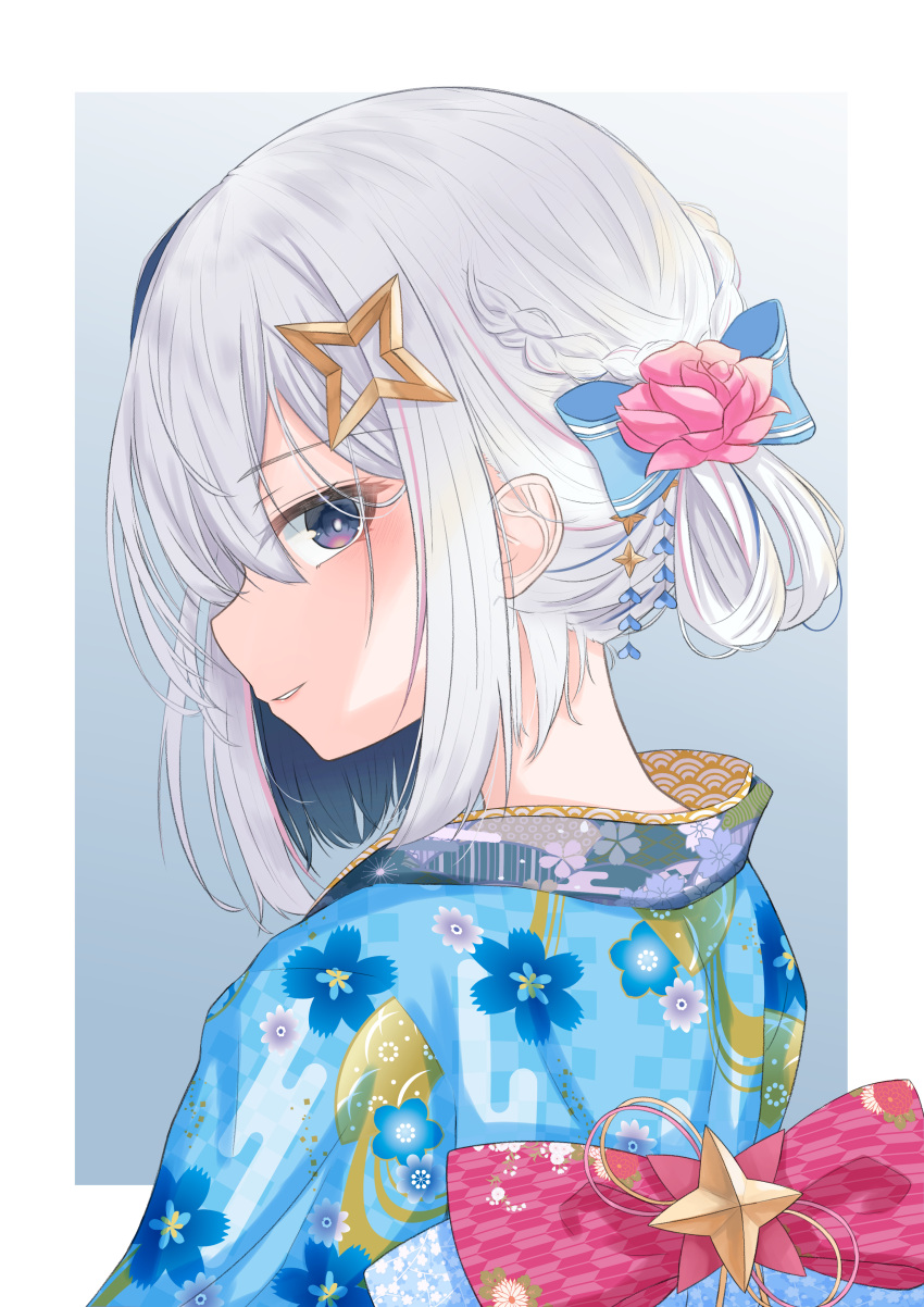 1girl absurdres amane_kanata bangs border braid eyebrows_visible_through_hair floral_print flower from_side hair_between_eyes hair_ornament highres hololive japanese_clothes kimono looking_at_viewer looking_to_the_side lotus medium_hair messy_hair outside_border parted_lips ribbon shirokumo_46 sidelocks smile solo upper_body violet_eyes virtual_youtuber white_hair