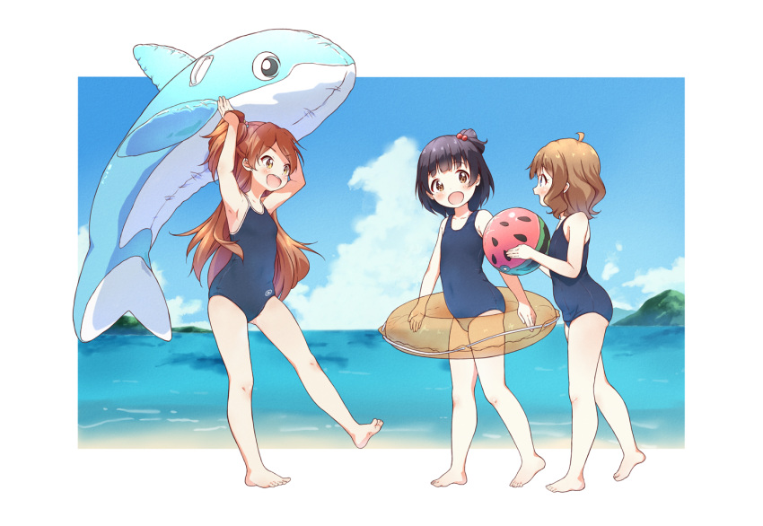 3girls arms_up ball bangs barefoot beach beachball black_hair black_swimsuit blue_sky blurry blurry_background brown_eyes brown_hair clouds cloudy_sky covered_navel day depth_of_field english_commentary eyebrows_visible_through_hair hair_bobbles hair_ornament holding holding_ball holding_innertube horizon idolmaster idolmaster_million_live! inflatable_orca inflatable_toy innertube looking_at_another looking_back multiple_girls nakatani_iku ocean one-piece_swimsuit one_side_up oogami_tamaki open_mouth outdoors outside_border short_hair sky smile standing standing_on_one_leg suou_momoko swimsuit toma_(shinozaki) watermelon_beachball
