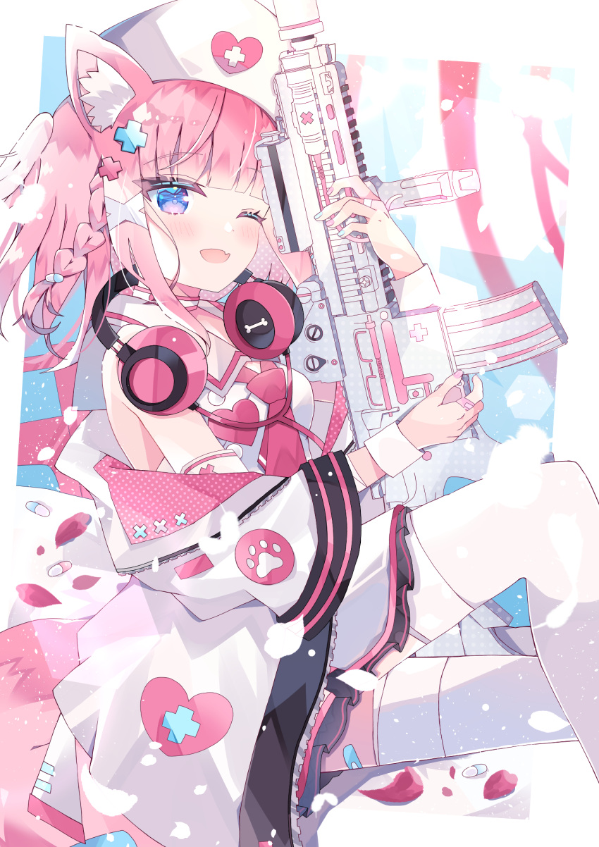 1girl animal_ear_fluff animal_ears aoi_yugina assault_rifle bandaid bangs bare_shoulders blue_eyes blunt_bangs blush braid collared_shirt dog_ears eyebrows_visible_through_hair fang from_side gun hair_ornament hands_up hat headphones highres holding holding_gun holding_weapon jacket long_sleeves looking_at_viewer looking_to_the_side medium_hair messy_hair nurse_cap off_shoulder open_mouth original paw_print pink_hair rifle shirt sidelocks sitting skin_fang smile solo thigh-highs thighs weapon white_legwear wide_sleeves wrist_cuffs x_hair_ornament