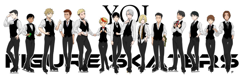 6+boys :d ;) animal_print beard black_gloves black_hair blonde_hair blue_eyes bolo_tie bow bowtie brown_eyes brown_hair cellphone christophe_giacometti cravat dark_skin dark_skinned_male emil_nekola english facial_hair freckles georgi_popovich gloves green_eyes grey_eyes hand_on_hip highres ice_skates it's_j.j._style! jean-jacques_leroy ji_guang-hong katsuki_yuuri lee_seung-gil leo_de_la_iglesia leopard_print loose_necktie male_focus michele_crispino minami_kenjirou mouri multicolored_hair multiple_boys necktie necktie_removed one_eye_closed open_mouth otabek_altin phichit_chulanont phone redhead silver_hair skates smartphone smile two-tone_hair viktor_nikiforov waistcoat yuri!!!_on_ice yuri_plisetsky