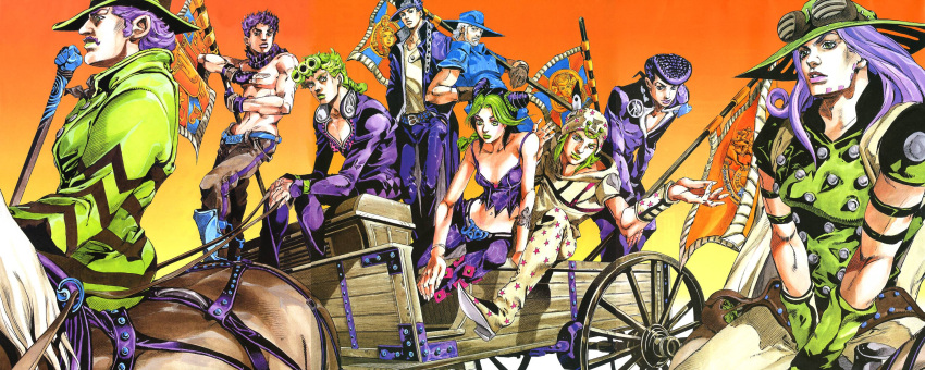 araki_hirohiko everyone gakuran giorno_giovanna gyro_zeppeli higashikata_josuke higashikata_jousuke highres hirohiko_araki horse johnny_joestar jojo's_bizarre_adventure jojo_no_kimyou_na_bouken jonathan_joestar joseph_joestar joseph_joestar_(young) kujo_jolyne kujo_jotaro kuujou_jolyne kuujou_joutarou pimp school_uniform steel_ball_run time_paradox will_anthonio_zeppeli