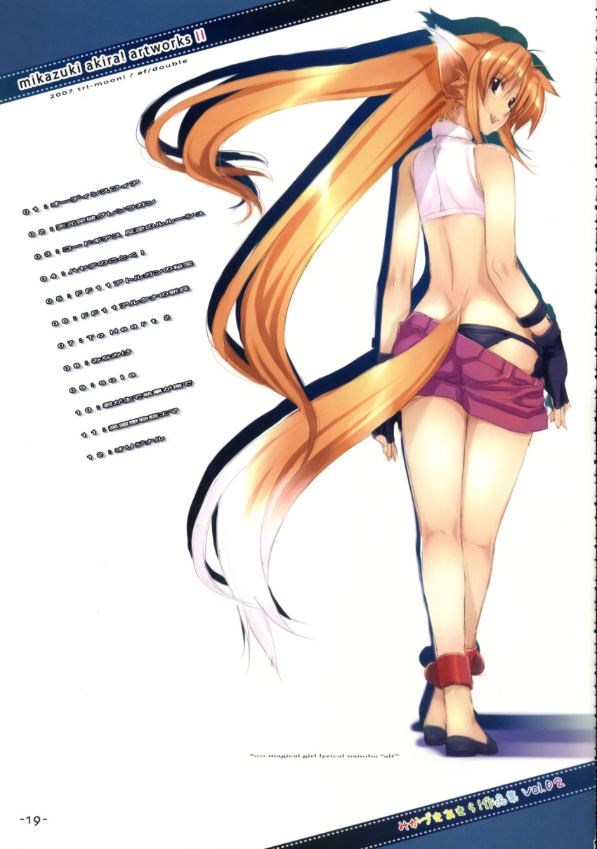 alph ankle_cuffs arf back fingerless_gloves gloves highres long_hair looking_back mahou_shoujo_lyrical_nanoha mahou_shoujo_lyrical_nanoha_a's mahou_shoujo_lyrical_nanoha_a's midriff mikazuki_akira mikazuki_akira! panties shorts shorts_pull tail underwear very_long_hair