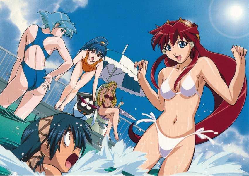 :o adjusting_swimsuit ass bandeau barefoot bent_over bikini blonde_hair blue_eyes blue_hair breasts casual_one-piece_swimsuit chair cleavage cloud competition_swimsuit crossed_legs dita_liebely drink earrings feet fence flat_chest green_eyes hair_ornament hairband hibiki_tokai highres jewelry jumping jura_basil_elden kuroda_kazuya legs long_hair looking_back meia_gisborn misty_cornwell navel necklace one-piece_swimsuit open_mouth outdoors pool poolside pyoro red_eyes red_hair robot scan scan_artifacts short_hair side-tie_bikini sitting sky smile splash standing straw submerged sun surprised swimsuit table thigh_gap toes umbrella underboob vandread very_long_hair wading water wet white_bikini