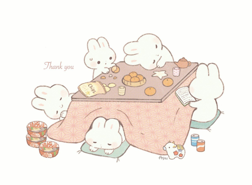 ayu_(mog) blush book chips food fruit kotatsu mandarin_orange no_humans original pillow rabbit reading simple_background sitting sleeping sweatdrop table thank_you white_background
