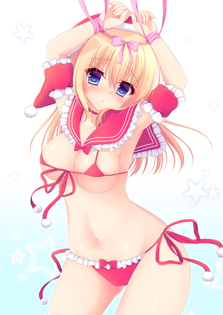 1girl absurdres armpits arms_up bikini blonde_hair blue_eyes breasts christmas gradient_eyes hat highres large_breasts long_hair looking_at_viewer multicolored multicolored_eyes navel original santa_bikini santa_hat solo star_(symbol) swimsuit violet_eyes yukimura_usagi