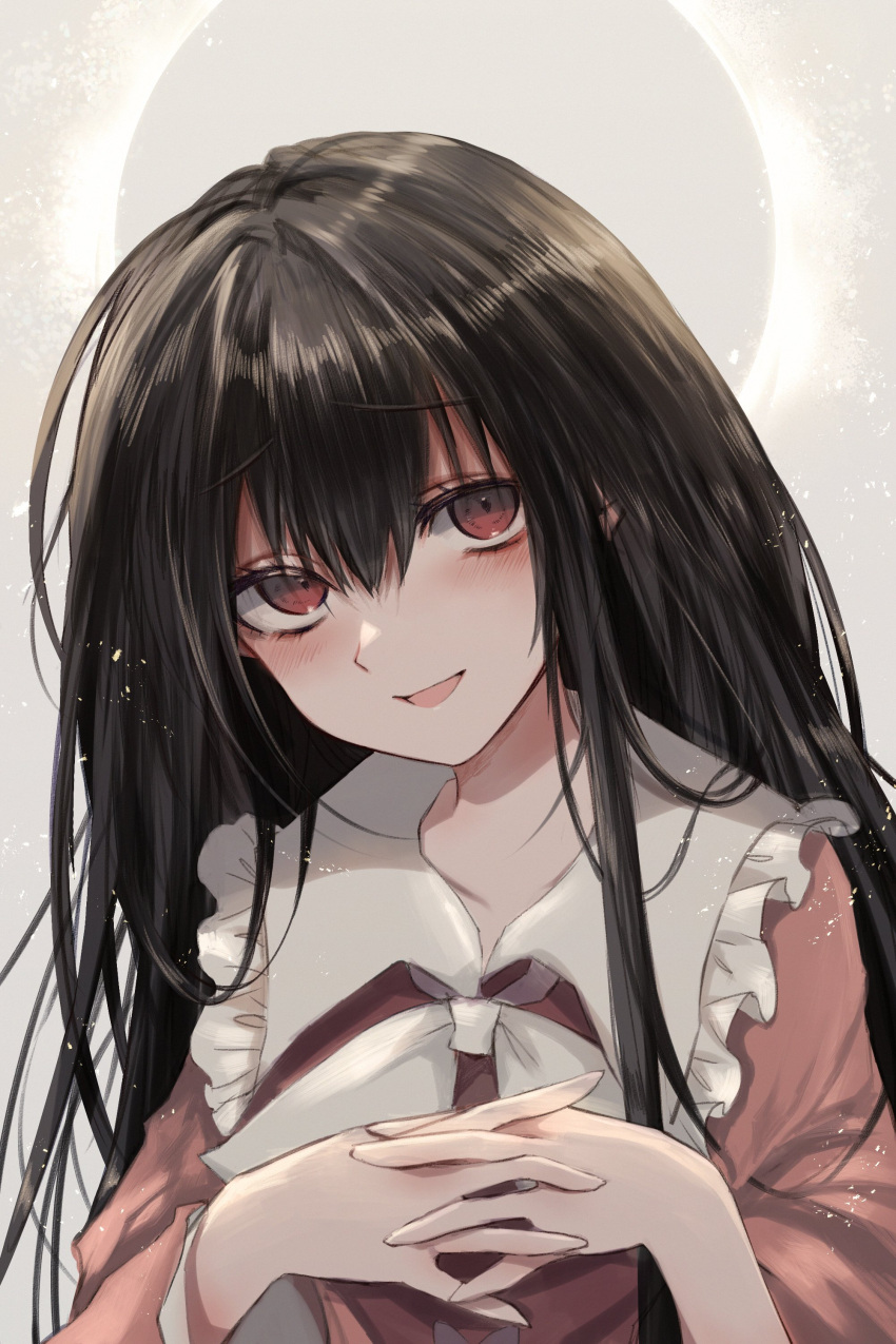 1girl :d absurdres bangs black_hair blush bow bowtie collarbone eyebrows_visible_through_hair frilled_shirt_collar frills grey_background hair_between_eyes hands_up highres houraisan_kaguya interlocked_fingers long_hair long_sleeves looking_at_viewer maho_moco open_mouth pink_shirt shirt simple_background smile solo touhou upper_body white_bow white_neckwear