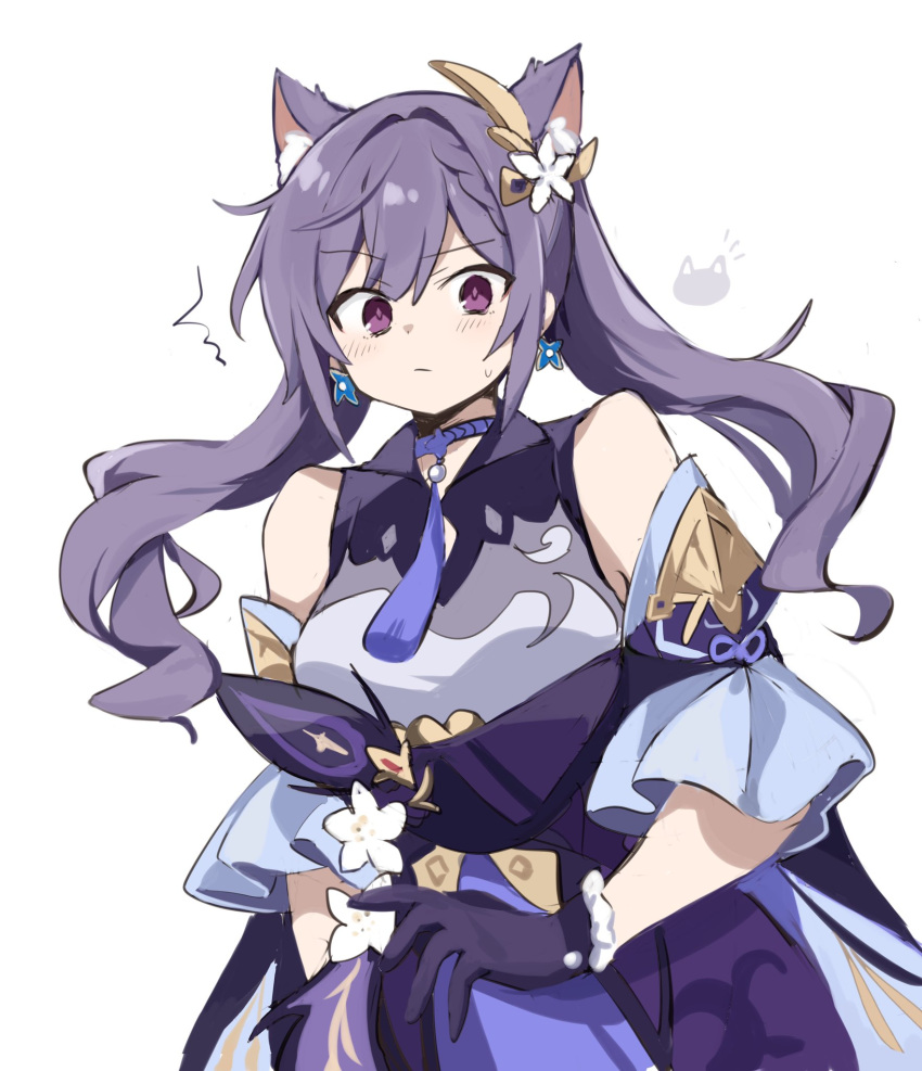 1girl animal_ear_fluff animal_ears bangs breasts cat_ears closed_mouth detached_sleeves dress earrings eyebrows_visible_through_hair flower freenote_mr genshin_impact gloves hair_between_eyes hair_ornament highres jewelry keqing_(genshin_impact) long_hair medium_breasts purple_dress purple_gloves purple_hair simple_background solo sweat tassel twintails violet_eyes white_background white_flower