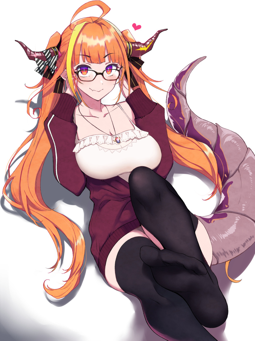 1girl ahoge bangs blonde_hair blunt_bangs bow breasts dragon_girl dragon_horns eyebrows_visible_through_hair glasses hairband highres hololive horn_bow horns jacket kiryu_coco large_breasts long_hair looking_at_viewer multicolored_hair open_mouth orange_hair pochi_(pochi-goya) pointy_ears red_eyes solo streaked_hair tail virtual_youtuber