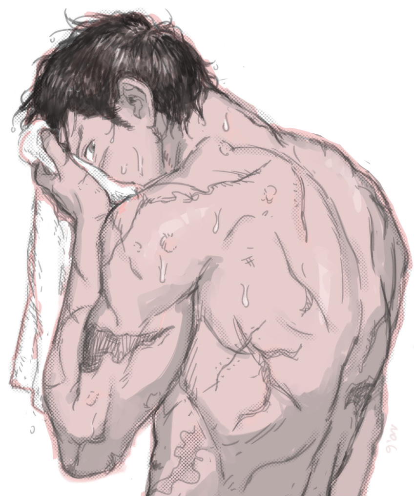 1boy absurdres black_hair brown_eyes fingernails from_behind golden_kamuy halftone highres holding holding_towel looking_back male_focus no.6_(numberr_6) nude scar short_hair simple_background solo sugimoto_saichi towel upper_body water_drop wet wet_hair white_background wiping_face