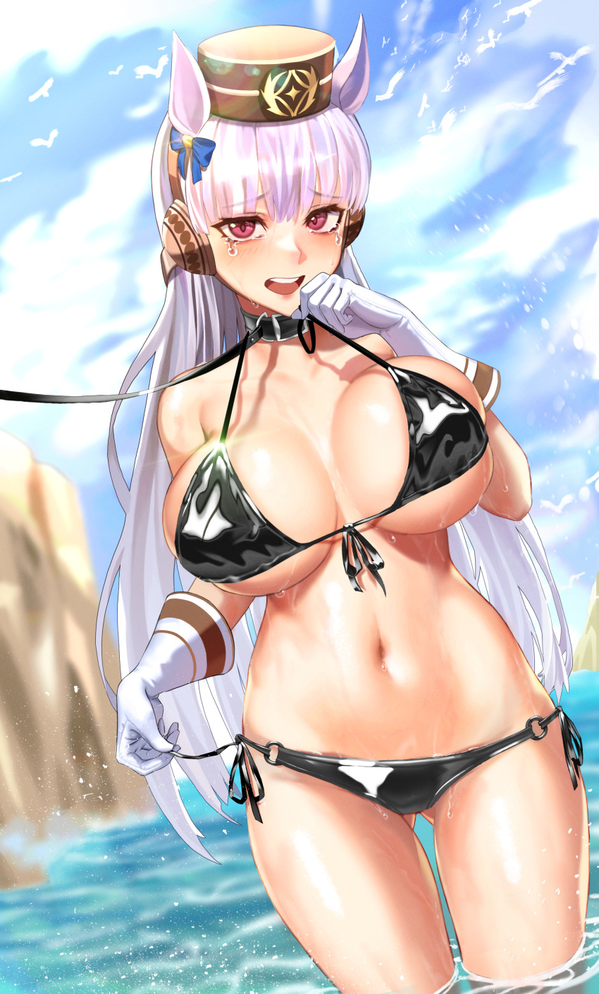 1girl absurdres animal_ears ass_visible_through_thighs bangs bare_shoulders bikini black_bikini blue_bow blush bow breasts brown_headwear commentary cowboy_shot eyebrows_visible_through_hair gloves gold_ship_(umamusume) hair_bow halter_top halterneck hand_up highres horse_ears horse_girl large_breasts leash long_hair looking_at_viewer multicolored_hair navel open_mouth pillbox_hat pumpkin_king purple_hair side-tie_bikini solo standing stomach swimsuit symbol_commentary tears teeth umamusume upper_teeth very_long_hair wading white_gloves white_hair