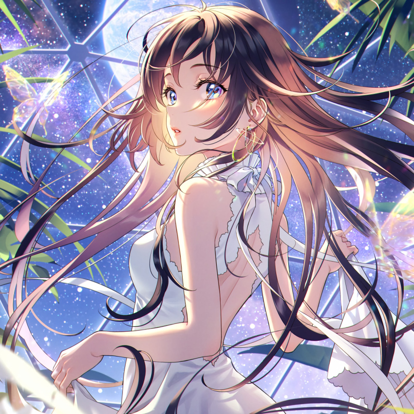 1girl absurdres backless_dress backless_outfit bangs bare_arms bare_shoulders blue_eyes breasts brown_hair bug butterfly dress earrings earth_(planet) frills highres holding insect jewelry lips long_hair looking_back medium_breasts morikura_en night night_sky original parted_lips planet shiny shiny_hair simple_background sky sleeveless sleeveless_dress solo star_(sky) upper_body white_dress