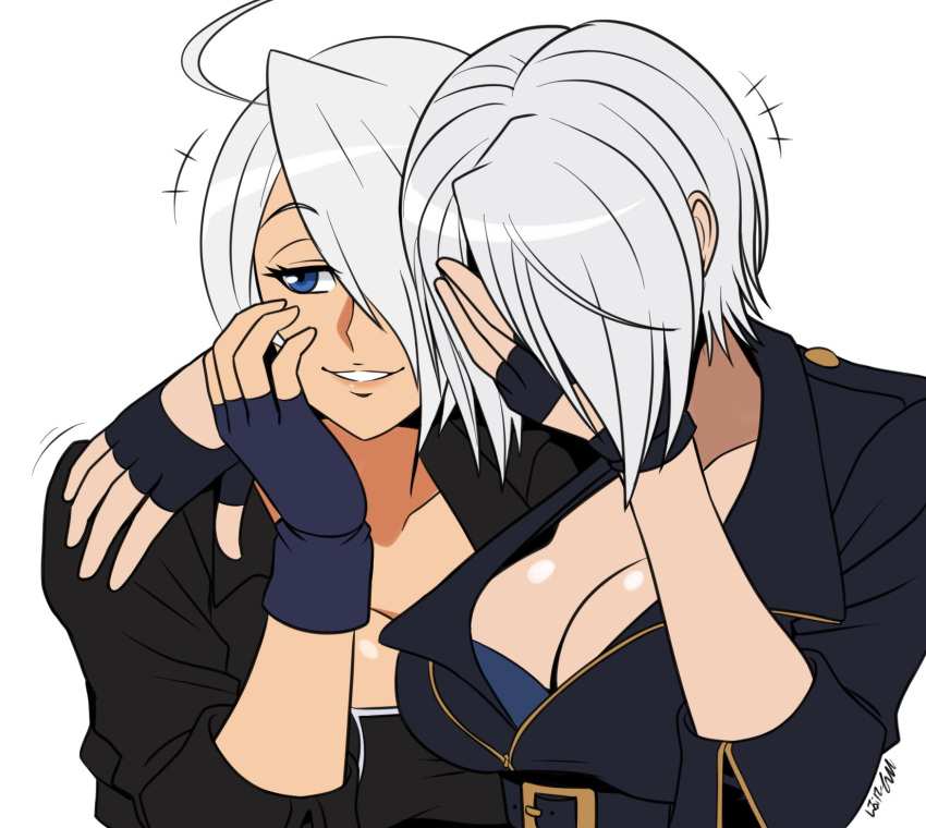 2girls ahoge angel_(kof) blue_eyes bra breasts cropped_jacket eyebrows_visible_through_hair fighting_game fingerless_gloves gloves hair_over_one_eye hand_on_another's_shoulder hand_on_own_face highres hug jacket large_breasts laughing laughing_girls_(meme) leather leather_jacket meme mergeritter mexican multiple_girls smile snk strapless strapless_bra the_king_of_fighters the_king_of_fighters_2001 the_king_of_fighters_xiv underwear white_hair