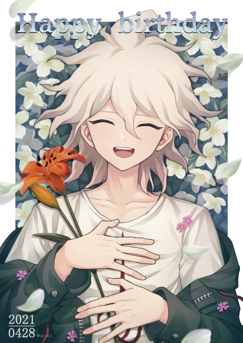 1boy :d absurdres artist_name bangs border closed_eyes closed_mouth collarbone commentary_request dangan_ronpa_(series) dangan_ronpa_2:_goodbye_despair dated eyebrows_visible_through_hair facing_viewer flower hair_between_eyes haizai hands_on_own_chest hands_up happy_birthday highres holding holding_flower jacket komaeda_nagito long_sleeves looking_at_viewer lying male_focus on_back open_mouth petals red_flower shirt smile solo upper_body white_border white_hair white_shirt