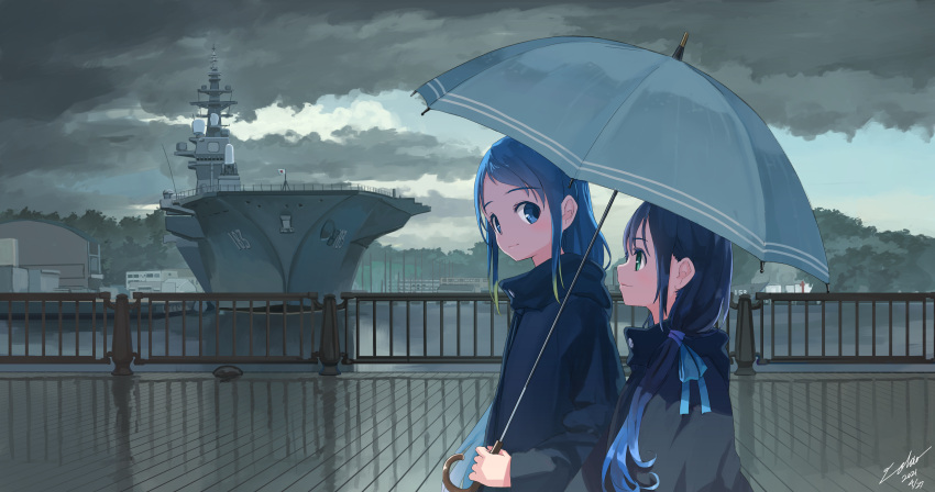 2girls absurdres aircraft_carrier blue_eyes blue_hair closed_mouth clouds cloudy_sky dated eyebrows_visible_through_hair green_eyes highres holding holding_umbrella izumo_(jmsdf) japan_maritime_self-defense_force japan_self-defense_force kantai_collection long_hair long_sleeves military military_vehicle multiple_girls raincoat samidare_(kancolle) ship signature sky suzukaze_(kancolle) umbrella utachy warship watercraft