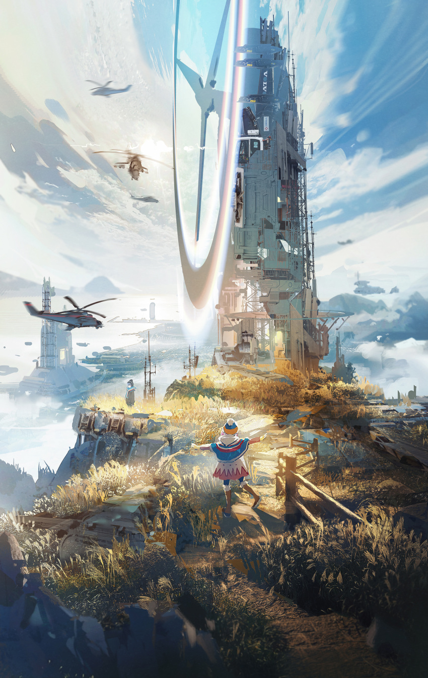 2girls absurdres aircraft alternate_universe city clouds flying hat helicopter highres jacket kagamihara_nadeshiko looking_to_the_side multiple_girls outstretched_arms scarf scenery science_fiction shima_rin sky windmill ying_yi yurucamp