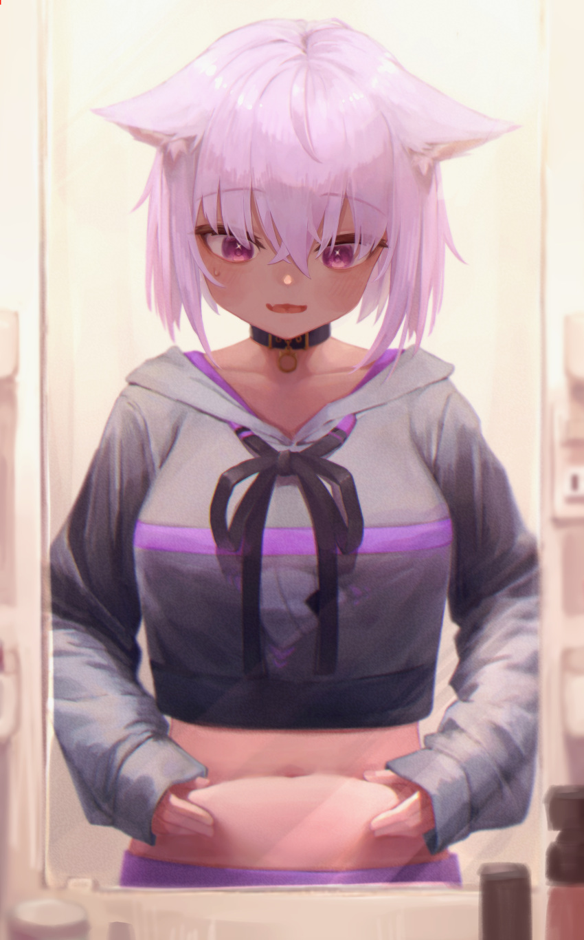 1girl absurdres animal_ears bathroom blush cat_ears collar fang hands_on_stomach highres hololive hood hoodie long_sleeves mirror nanome_to nekomata_okayu open_mouth purple_hair purple_shorts shorts solo standing violet_eyes