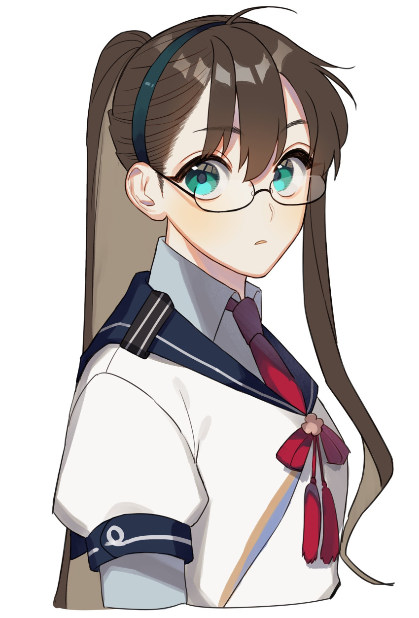 1girl ahoge alternate_hairstyle aqua_eyes bangs black_hair blue_hairband cropped_torso glasses hair_between_eyes hairband highres kantai_collection long_hair necktie ooyodo_(kancolle) parted_lips ponytail red_neckwear simple_background solo su_konbu upper_body very_long_hair white_background
