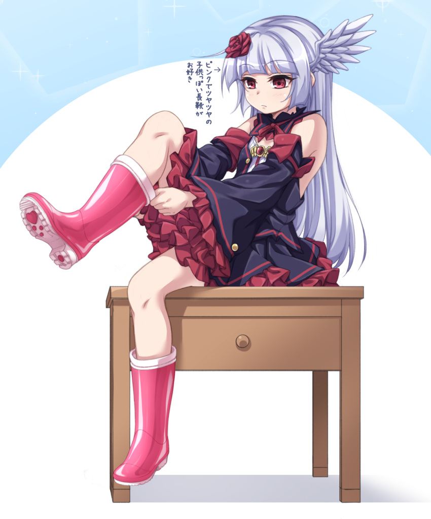 1girl black_dress boots detached_sleeves dress eyebrows_visible_through_hair frilled_dress frills highres kyuutou_(kyuutouryuu) long_hair original pink_footwear red_eyes rose_hair_ornament rubber_boots shoe_soles sitting sitting_on_table solo table translation_request white_hair