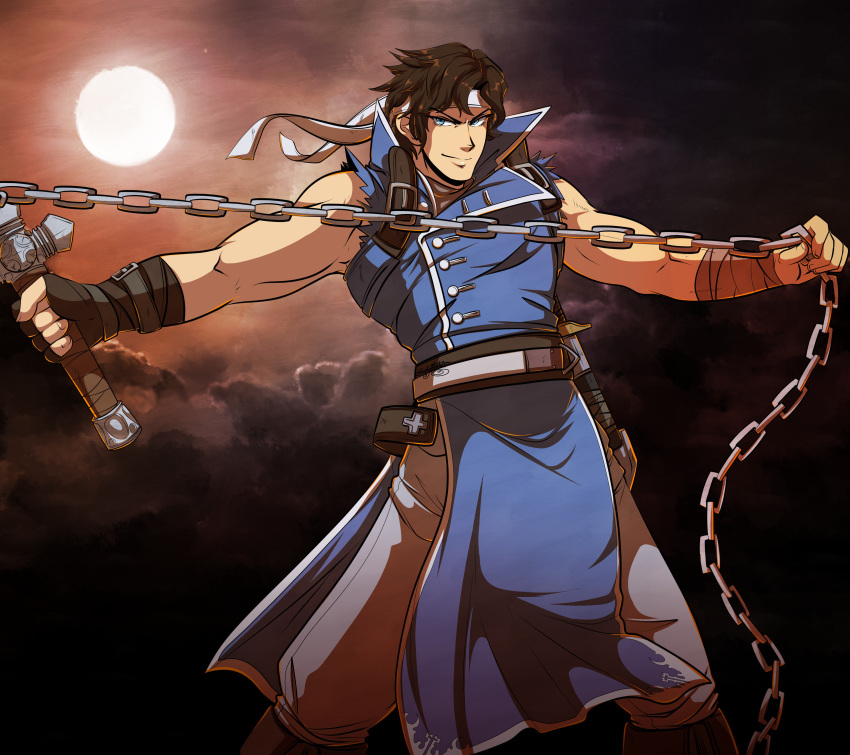 1boy absurdres bangs black_gloves blue_eyes castlevania closed_mouth clouds cowboy_shot cross fingerless_gloves full_moon gloves hairband highres holding holding_weapon ishmi looking_at_viewer male_focus moon muscular night outdoors outstretched_arms pants richter_belmont short_hair smile solo standing torn_clothes torn_sleeves v-shaped_eyebrows weapon whip white_hairband white_pants