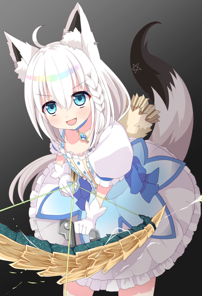 1girl animal_ear_fluff animal_ears arrow_(projectile) bangs black_background blush bow bow_(weapon) braid commentary_request dress earrings eyebrows_visible_through_hair fang fox_ears fox_girl fox_tail gloves gradient gradient_background green_eyes hair_between_eyes highres holding holding_bow_(weapon) holding_weapon hololive jewelry komaki_ria long_hair looking_at_viewer open_mouth pendant pentagram puffy_sleeves shirakami_fubuki short_sleeves sidelocks single_braid smile solo tail virtual_youtuber weapon white_dress white_gloves white_hair