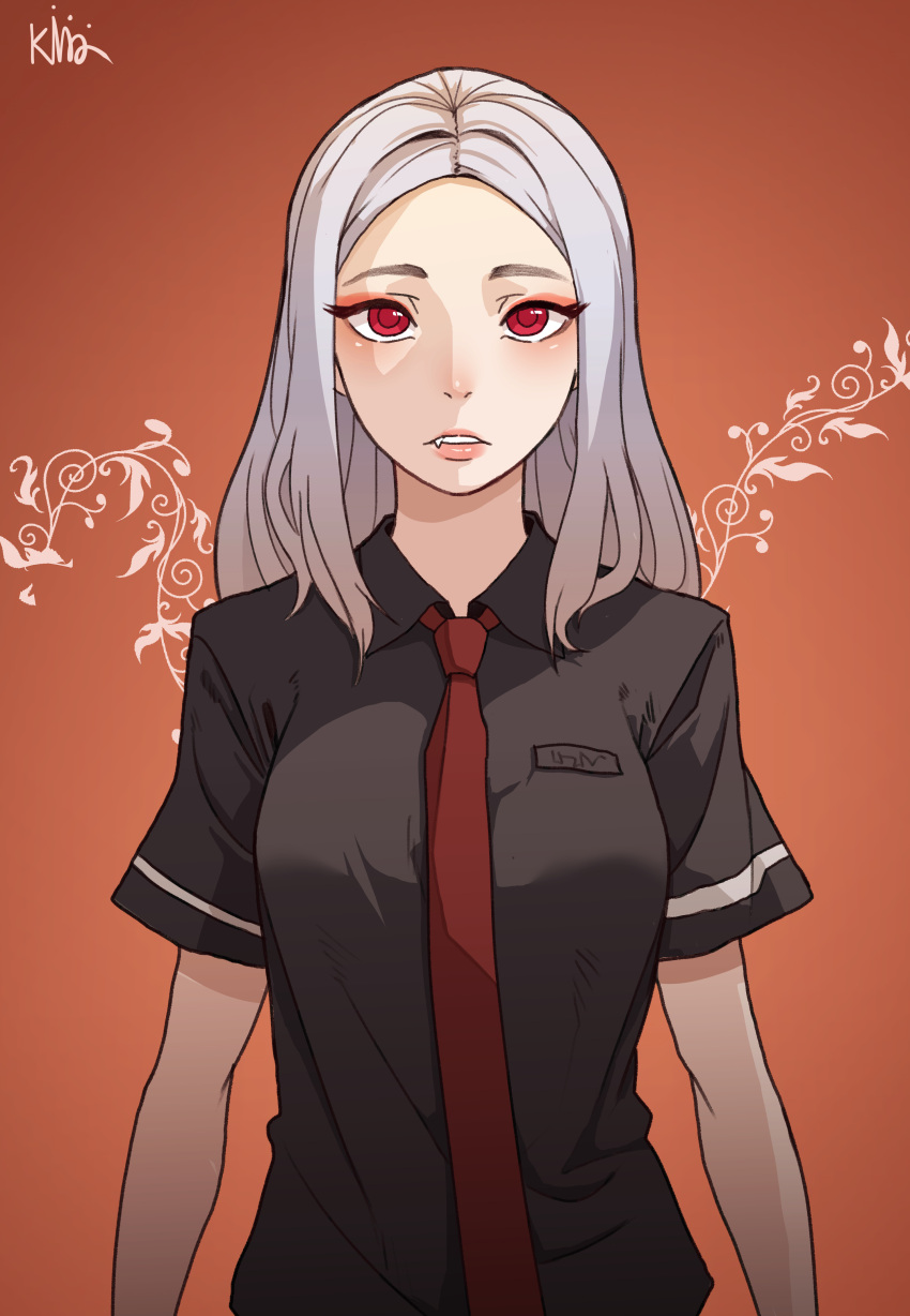 1girl absurdres artist_name black_shirt collared_shirt expressionless fang highres kingpaca long_hair looking_at_viewer necktie orange_background original red_eyes red_neckwear shirt short_sleeves solo vampire white_hair