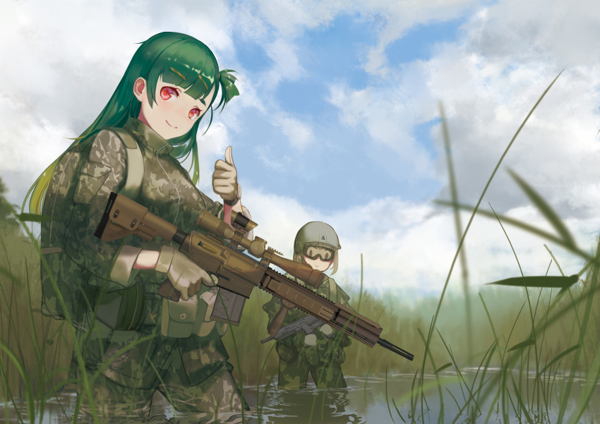2girls absurdres alternate_costume bangs blush breasts closed_mouth day g28_(girls_frontline) girls_frontline green_hair gun h&amp;k_g28 hair_ornament hat highres holding holding_gun holding_weapon in_water long_hair military military_hat military_uniform multiple_girls no_hat no_headwear outdoors red_eyes smile soldier thumbs_up uniform wan'eno weapon