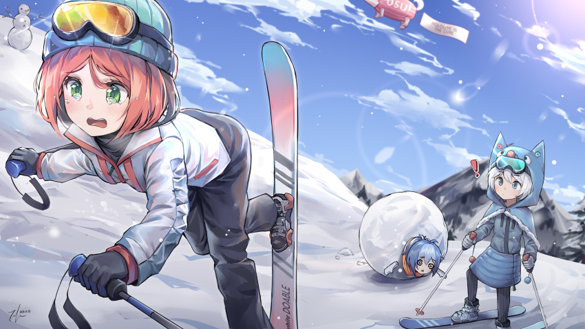 3girls animal_hood beanie black_pants blue_eyes blue_headwear capelet character_request clouds crying day fur-trimmed_capelet fur_trim gloves goggles goggles_on_headwear green_eyes hat highres hood jacket knit_hat mountain multiple_girls open_mouth osu! outdoors pants pink_hair skiing skis snow snowman tofumang white_hair white_jacket