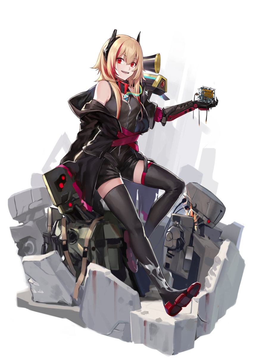 1girl banana_(girls_frontline) bare_shoulders blonde_hair boots core_(girls_frontline) cyclops_(girls_frontline) girls_frontline grin headgear highres jacket kcco_(girls_frontline) looking_at_viewer m4_sopmod_ii_(girls_frontline) mechanical_arms megaphone mod3_(girls_frontline) multicolored_hair off_shoulder red_eyes redhead robot ruins shorts single_mechanical_arm smile streaked_hair thigh-highs thigh_boots white_background xiaozilongjiang