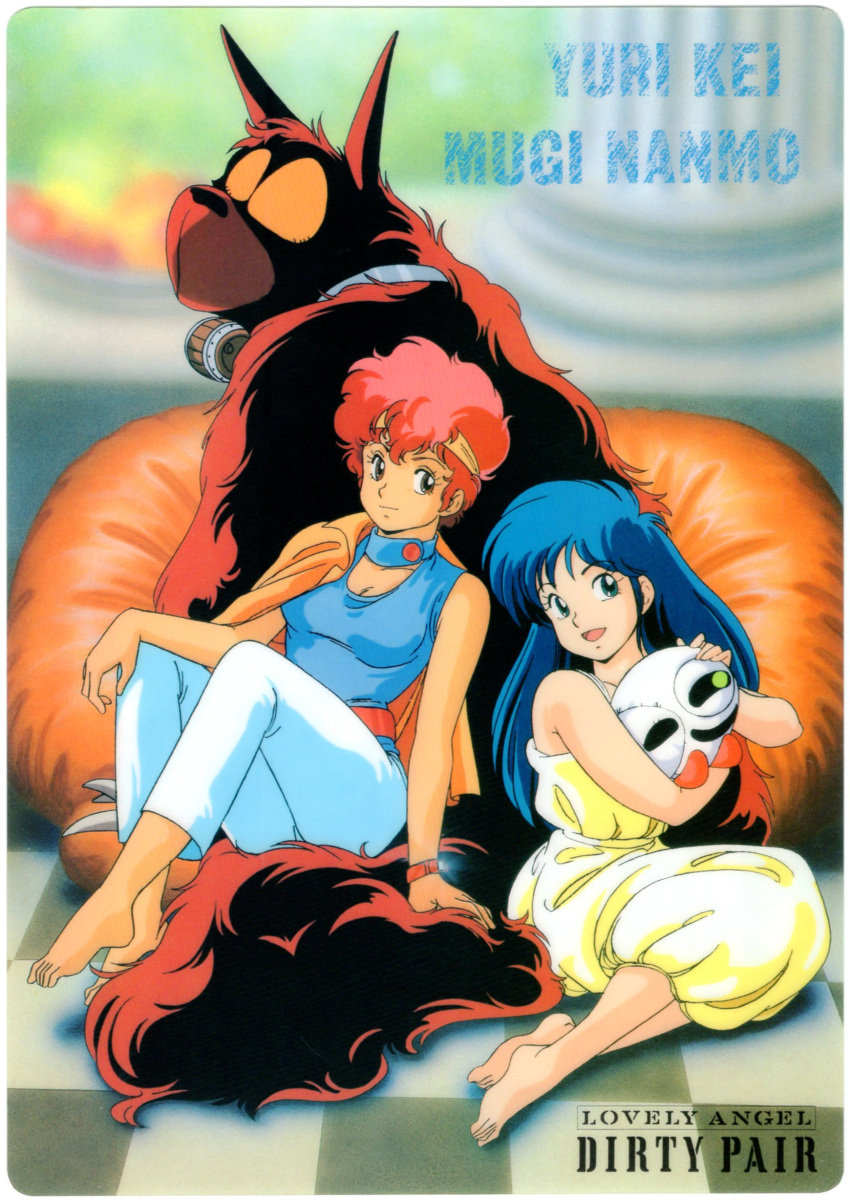 1980s_(style) 2girls absurdres barefoot blue_eyes blue_hair casual character_name checkered checkered_floor copyright_name dirty_pair headband highres kei_(dirty_pair) long_hair looking_at_viewer mughi multiple_girls nanmo non-web_source official_art open_mouth pillow red_eyes redhead retro_artstyle robot scan short_hair sitting sleeveless yuri_(dirty_pair)