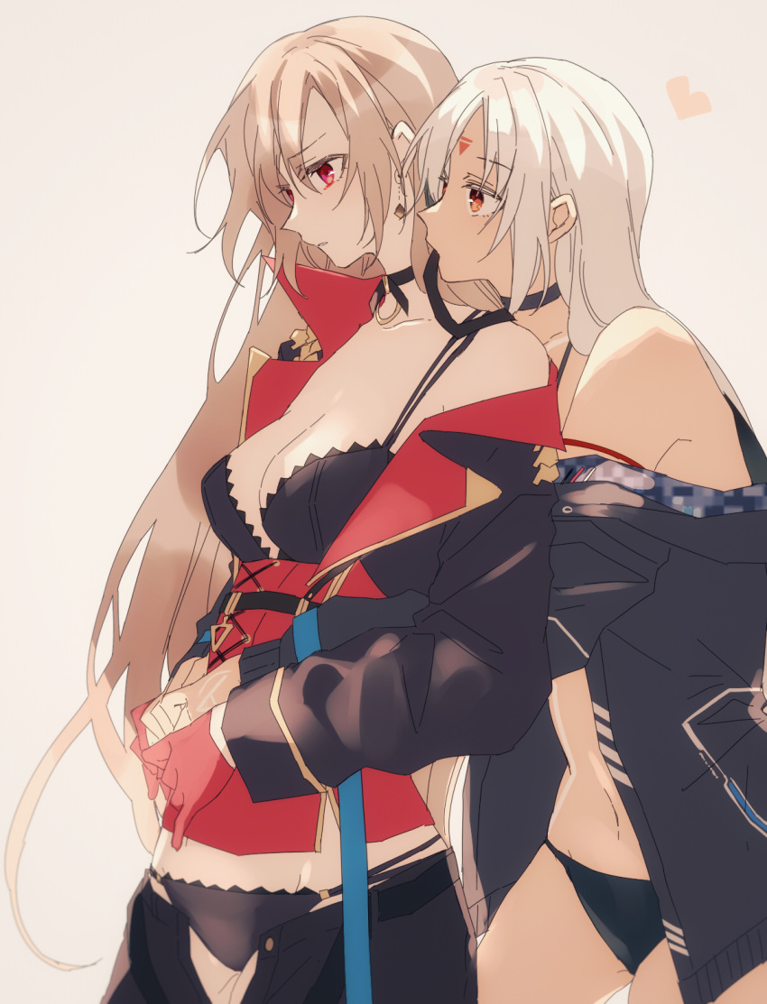 2girls amazuki_jou azur_lane bangs bikini black_bikini black_choker black_jacket camisole choker closed_mouth commentary gloves heart highres hug hug_from_behind jacket jean_bart_(azur_lane) light_brown_hair light_frown long_hair long_sleeves looking_at_another massachusetts_(azur_lane) medium_hair multi-strapped_bikini multiple_girls navel no_pants off_shoulder red_eyes red_gloves red_jacket red_shirt shirt silver_hair standing string_bikini swimsuit two-sided_fabric two-sided_jacket yuri